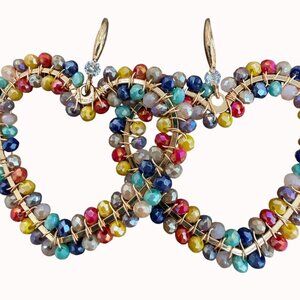 Rainbow Beaded Heart Earrings With Gold Wire Design & Sparkling Crystal Studded